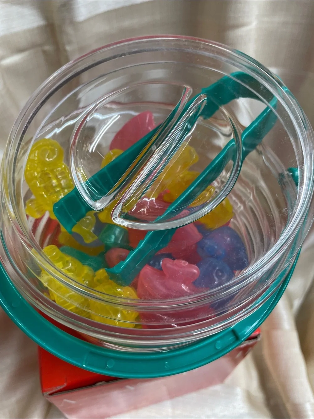 Vintage Avon Ice Bucket with Multicolored Plastic Ice and Green Tongs